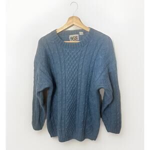 Vintage 80s Mohair Sweater Blue Cable Knit Fisherman Crew Preppy Coastal Medium